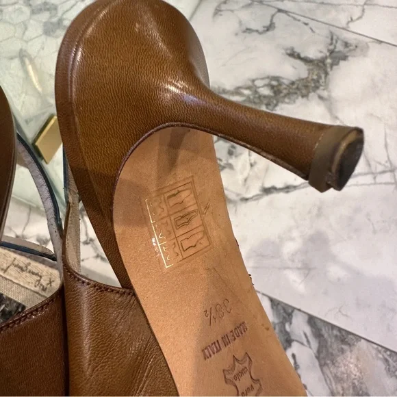 Jimmy Choo | 8 | Slingback Pumps Brown Teal Cutout Leather Pointed Toe 3” Heel - Picture 14 of 16